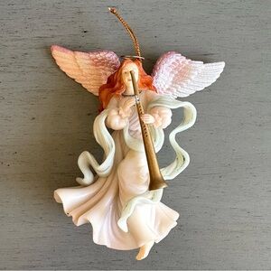 VTG Christmas Ornament 1997 Lustre Fame Angel Seraphim Playing Horn Wings EUC